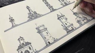 Filling my sketchbook with more tiny miniature buildings, drawing with ink pens