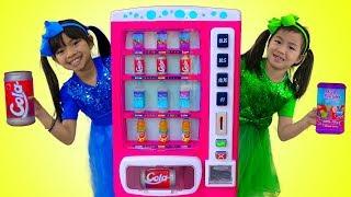 Emma & Jannie Pretend Play w/ Pink Vending Machine Soda Kids Toys