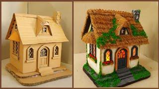 DIY Thatched Roof Fairy House From Cardboard/ DIY Thatched Roof Cottage In The Forest