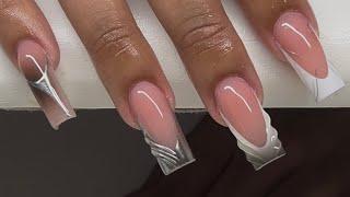 Square French 3D Chrome Accent Acrylic Nails