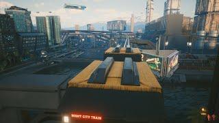 Riding on the roof of a train in Cyberpunk 2077