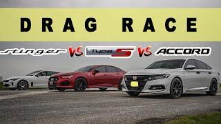 Tuned Accord 2.0 vs Acura TLX Type S vs Kia Stinger GT AWD, punishment follows, drag and roll race.