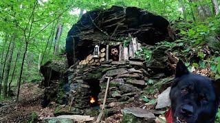 Solo BUSHCRAFT Camping; I Built a CAVE with Fireplace, SURVIVAL SHELTER. Primitive Cooking - ASMR