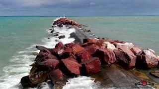 Flying The Break Wall In Michigan City As Big Waves Slam Into It 4K Drone Footage