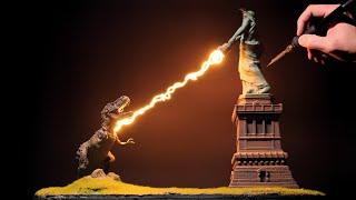 Statue of Liberty Shoots Lightning at a T-Rex Diorama