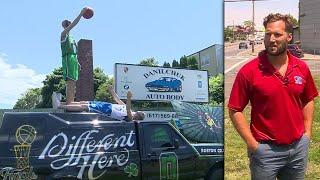 See the unique Celtics display at a Mass. auto body shop