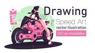 Girl on motorbike - Speed Art Drawing vector illustration