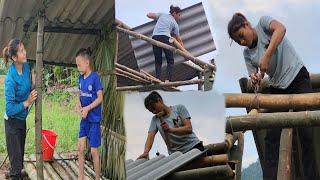 The rainy season comes, a single mother and her son build a roof for a new house, a kind neighbor