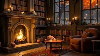 Cozy Autumn Reading Nook Ambience ️ Warm Jazz Music with Heavy Rain, Fireplace Sounds for Sleeping