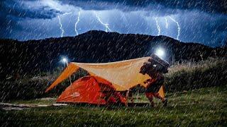  LIGHTNING & THUNDERSTORM till NIGHT relax in cozy tent (Solo Camping in Heavy Rain)