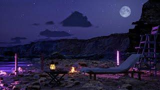 Purple Beach Ambience | Night Ocean Sound for Sleep | Campfire & Bonfire ASMR