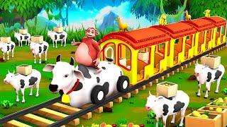 Cow Train Fruits Transport Farm Animals Diorama - Monkey Cow Dog Cat Panda Cartoons