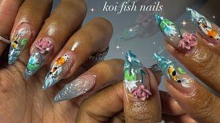 Koi Fish Nails!🪷| almondetto nails + intricate nail art