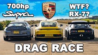 700hp Supra v 840kg RX-7 v Porsche 911: DRAG RACE