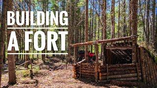 BUILDING A BUSHCRAFT FORT IN THE WOODS  - Solo Camping