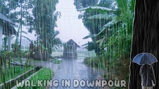 Relaxing Walk in Downpour in Village | ASMR Rain Sounds for Sleeping and Studying