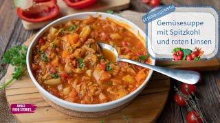 Gesunde Gemüsesuppe mit roten Linsen und Spitzkohl - Eintopf Rezepte