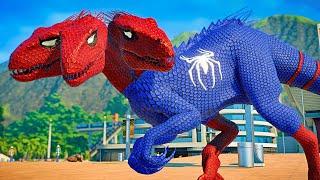 Spiderman Indoraptor Vs Tyrannosaurus Rex, Ironman Giganotosaurus Jurassic World Dinosaurs Fight