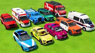 TRANSPORTING POLICE CARS, AMBULANCE EMERGENCY CARS, FIRE DEPARTMENT TRUCKS WITH BIG TRUCKS ! FS22