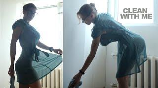 Transparent living room cleaning with model girl in a dress