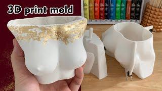 DIY Female Body Flower Pot use 3D print mold - painting pot gold leaf