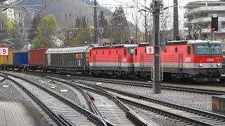 Bahnhof Feldkirch: EC164 Transalpin Graz️Zürich, Schienenzug leer, Güterzug gemischt mit BR1144