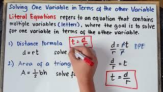 LITERAL EQUATIONS | Solving One Variable in Terms of the Other Variable | Quarter 4| Grade 7 |