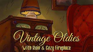 oldies playing in another room and it's raining w/ cozy fireplace (vintage radio)