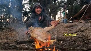 The Himalayan shepherd chicken cutting and cooking having food mountainside winter season in shelter