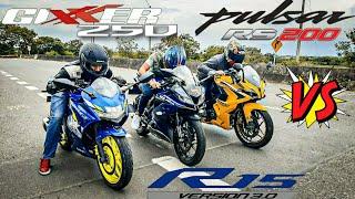 Suzuki Gixxer 250 SF VS Pulsar RS 200 VS Yamaha R15 V3 Drag Race | Top End