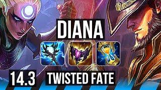 DIANA vs TWISTED FATE (MID) | 8 solo kills, 400+ games, Godlike | EUW Grandmaster | 14.3