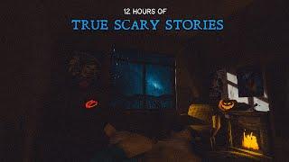 12 Hours Of Scary Stories In A Cozy Bedroom |  Rainfall & Fireplace Ambience