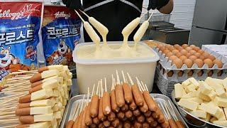 Korean food - How to make Korean Hotdog Mozzarella Cheddar Cheese Kwangjang Market Seoul / 광장시장 핫도그