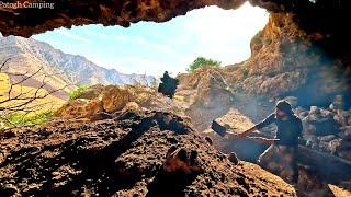 I Built a Rock Shelter In The Mouth of A Large Cave In 3 Days, camping, Bushcraft, DIY, ASMR