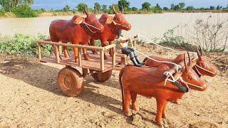 How To Make Cow Bullock Cart With Four Wooden Cows - DIY Woodworking Projects