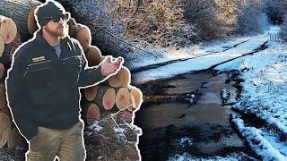 Logs Stuck Behind Miles of Thawed Out Ice Road