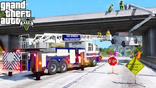 GTA 5 Firefighter Mod Tower Ladder Rescue Utility Bucket Truck Driver Hanging From A Overpass