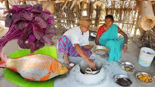 AMERICAN ROHU FISH CURRY with Tomato and Lal shak vaji cooking for lunch by santali tribe old couple