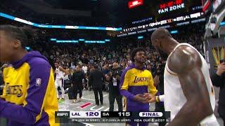 LeBron James celebrates with Bronny & embraces Chris Paul after win vs. Spurs | NBA on ESPN