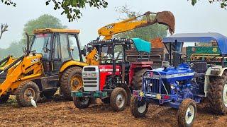 tractor power loaded trolley Farmtrac 60 Massey 241 Eicher 380 with Jcb 3dx Stuck in Mud | Jcb Video