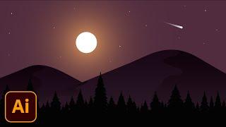 Night Moonlight And Mountains Simple Vector Illustration Tutorial | Adobe Illustrator CC Tutorial