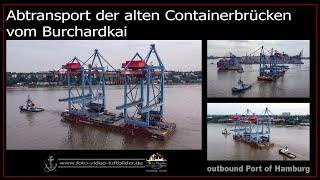 Abtransport der alten Containerbrücken Burchardkai / Port of Hamburg/ drone video/