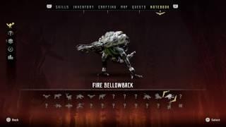 Horizon Zero Dawn - Machines Notebook: Fire Bellowback: Cauldron, Components, Weaknesses, Strength