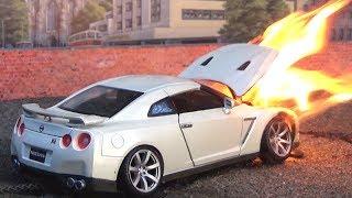 RC Nissan GT-R Burnout Ends In Flames