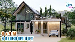 BEAUTIFUL 3 Bedroom Loft Type House Design Idea | 8 x 9 Meters Small House design with Roof deck