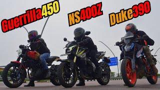 NS400Z vs Duke 390  vs Guerrilla 450 Drag Race