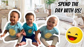 Mom's day in the life with triplets alone || Life with triplets