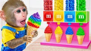 KiKi Monkey explore Four Colors Ice Cream in M&M Candy Dispenser Machine | KUDO ANIMAL KIKI