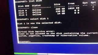 virtual disk service error clean is not allowed on the disk containing the current boot | FIXED