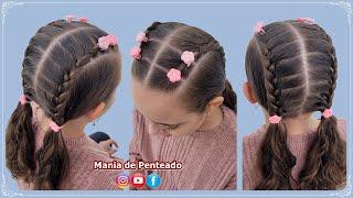 Penteado com Tranças Laterais e Elásticos | Hairstyle with Two Braids and Elastics for Girls 